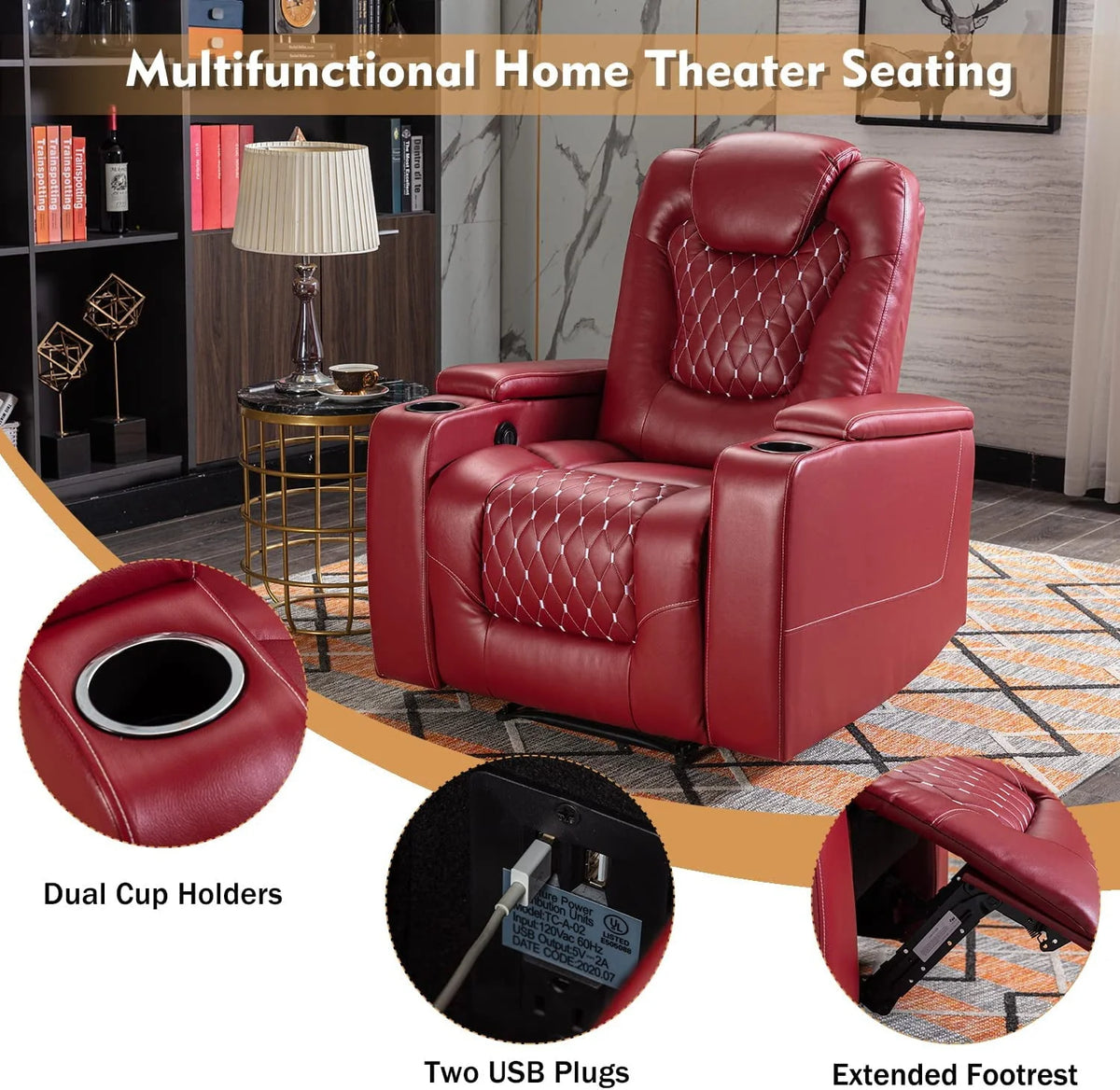 Black PU Leather Reclining Home Theater Seating with USB Ports and Cup Holders K27228