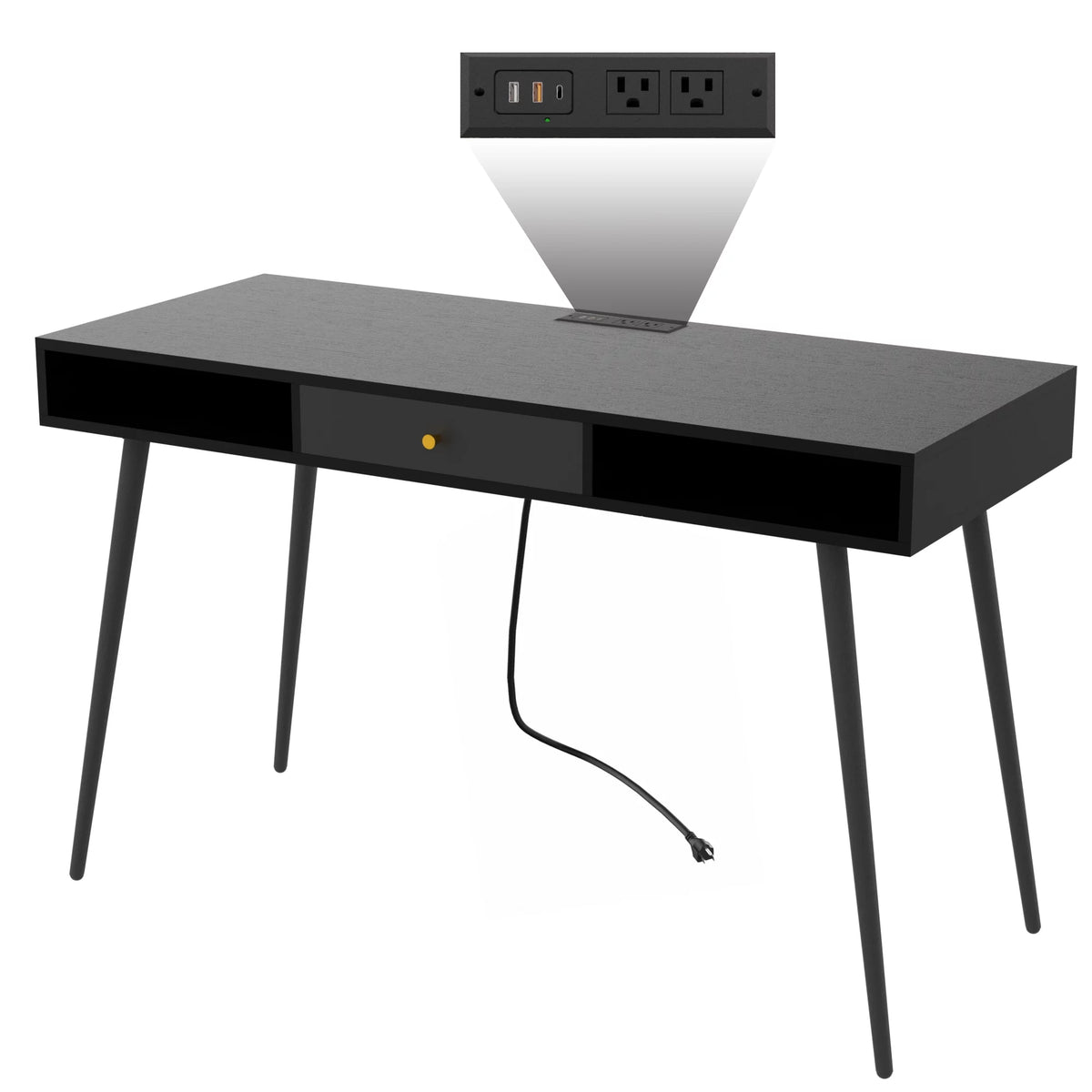 Black Writing Desk with Power Outlet and Drawer T559635