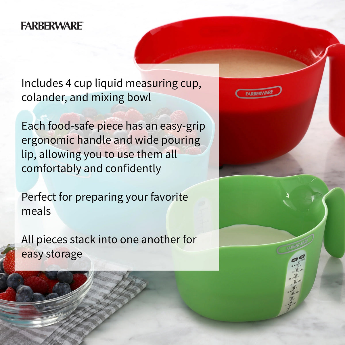 3 pc Mixing Bowl, Colander, Measuring Cup Set J959615