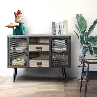 Industrial Metal Mesh Double Door Wood Antique Stackable Sideboard Buffet Storage Cabinet with 2 Drawers, 2 Cupboards and Shelf L509695