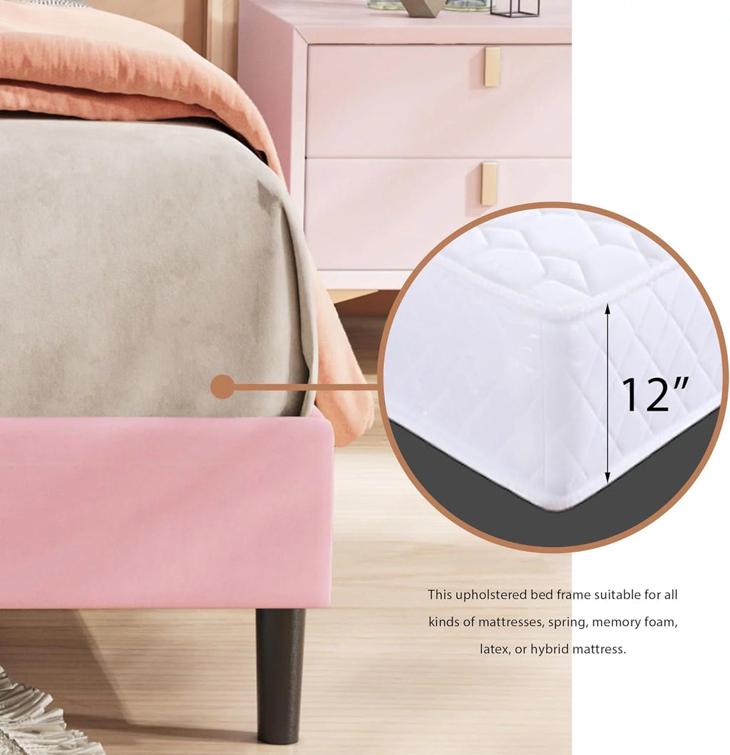 King Size Upholstered Platform Bed Frame with Headboard, Pink K738969