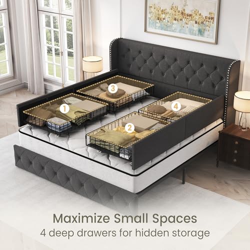 King Size Linen Upholstered Bed Frame with 4 Storage Drawers G846