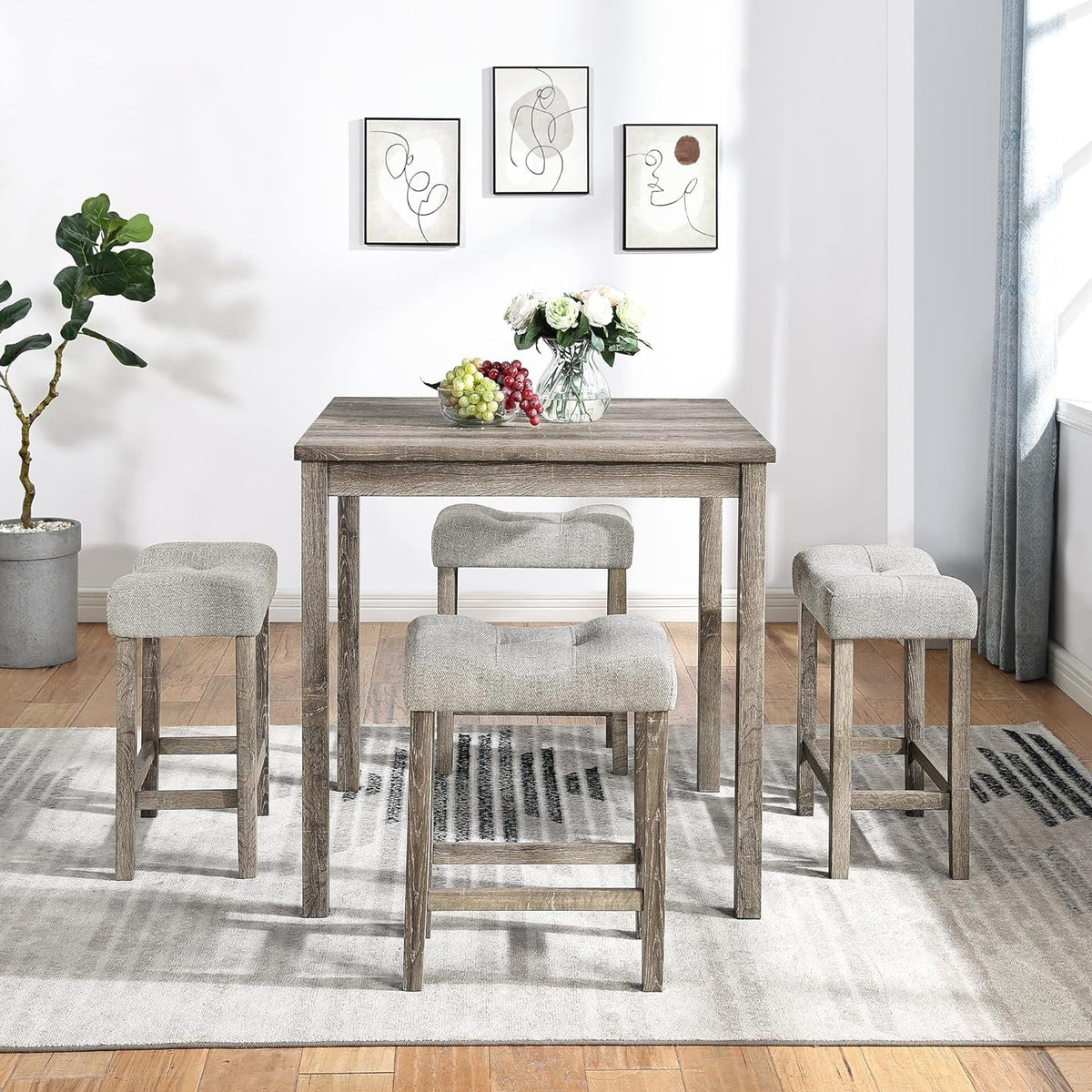 5 Piece Solid Wood Dining Table Set with 4 Upholstered Stools C8019
