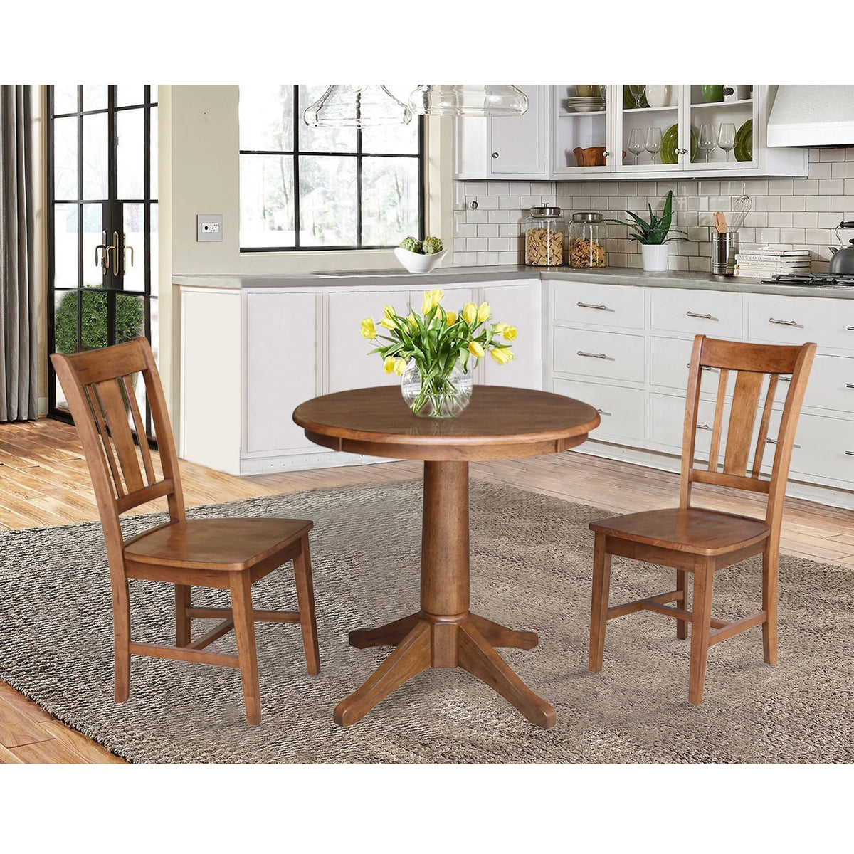 Round Solid Wood Pedestal Dining Table with 2 Splat Back Dining Chairs M698604