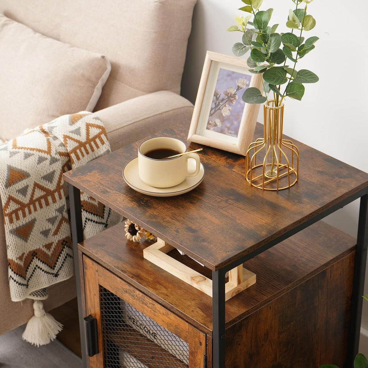 Rustic Brown Night Stand with Open Shelf and Mesh Door W248280