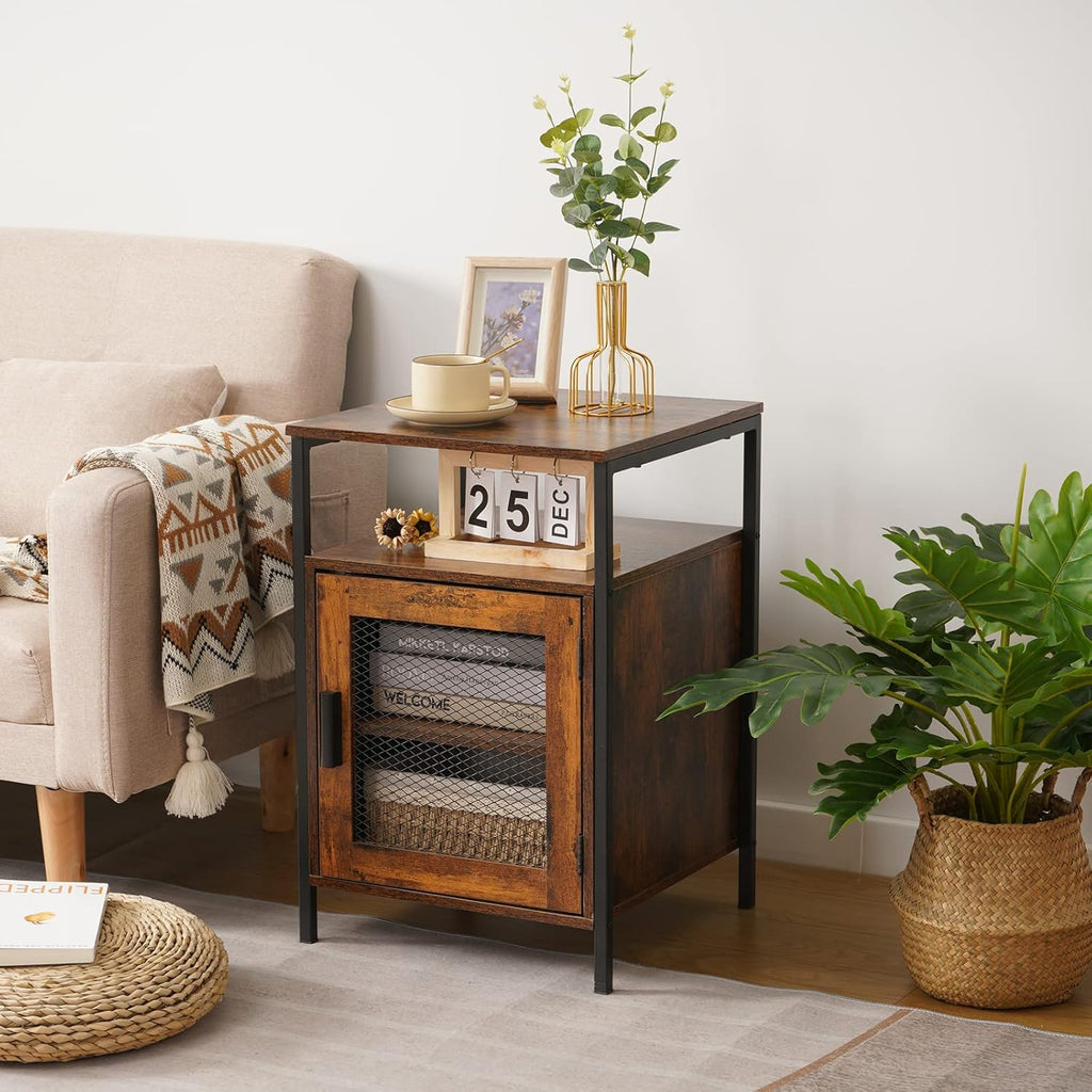 Rustic Brown Night Stand with Open Shelf and Mesh Door W248280