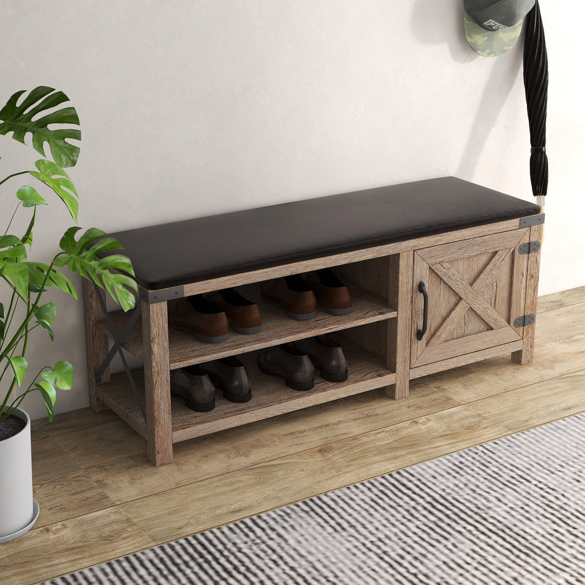 Light Brown 2-Tier Shoe Storage Bench with Cushion Seat C774864