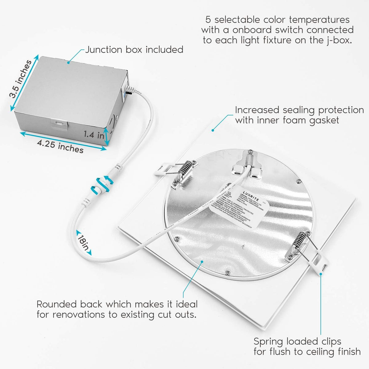 6 Inch Square LED Recessed Lighting, 5 Color Temperature, Dimmable, 4 Pack J449023