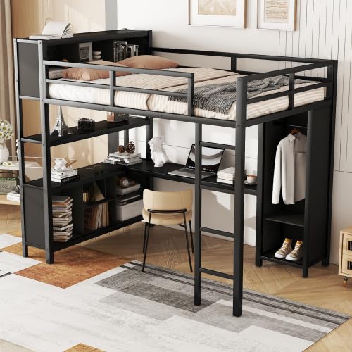 Black Full Size Metal Loft Bed with Wardrobe and L-Shaped Desk N8982