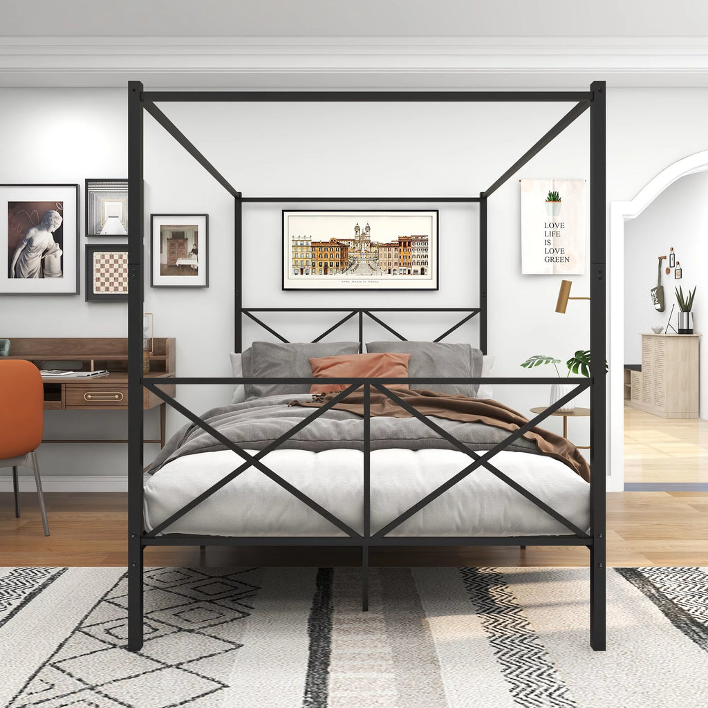 Queen Black Metal Canopy Platform Bed Frame R255