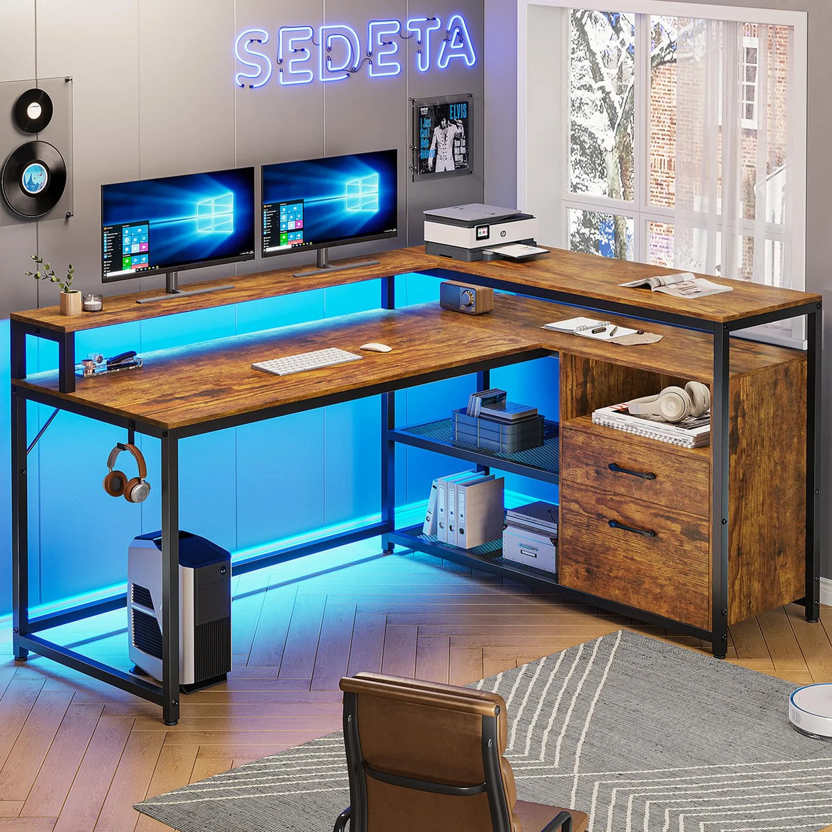 Brown L Shaped Computer Desk with LED Lights and 2 Drawers J62224