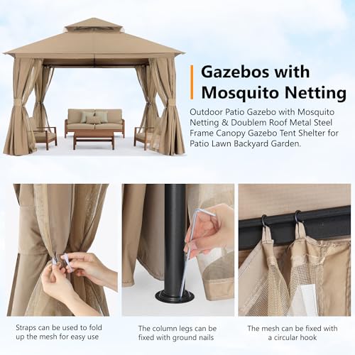 Dark Grey 9x9 Double Roof Patio Gazebo with Mosquito Netting and Curtain T171091