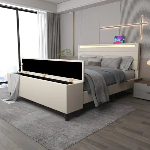 Queen Upholstered Platform Bed Frame with Ottoman and LED Lights M9764
