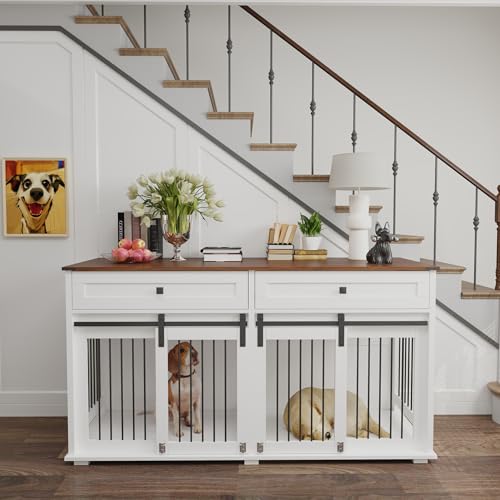White Wooden Dog Crate Furniture with 2 Storage Drawers I65319