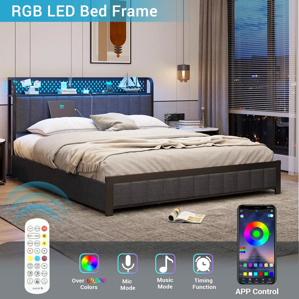 Queen Size Upholstered Platform Bed with LED Headboard and 4 Drawers L27831