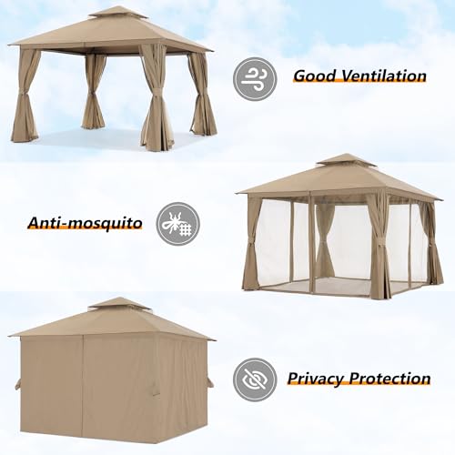 Dark Grey 9x9 Double Roof Patio Gazebo with Mosquito Netting and Curtain T171091