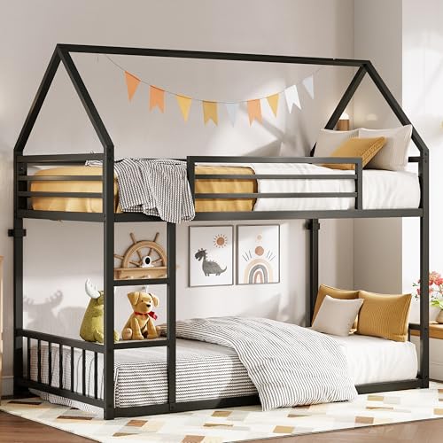 Twin Over Twin Bunk Bed with Ladder and Guardrail Black X638283