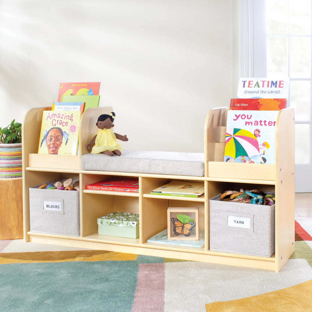 Natural Kid's Book and Toy Storage Reading Bench with Fabric Bins A691