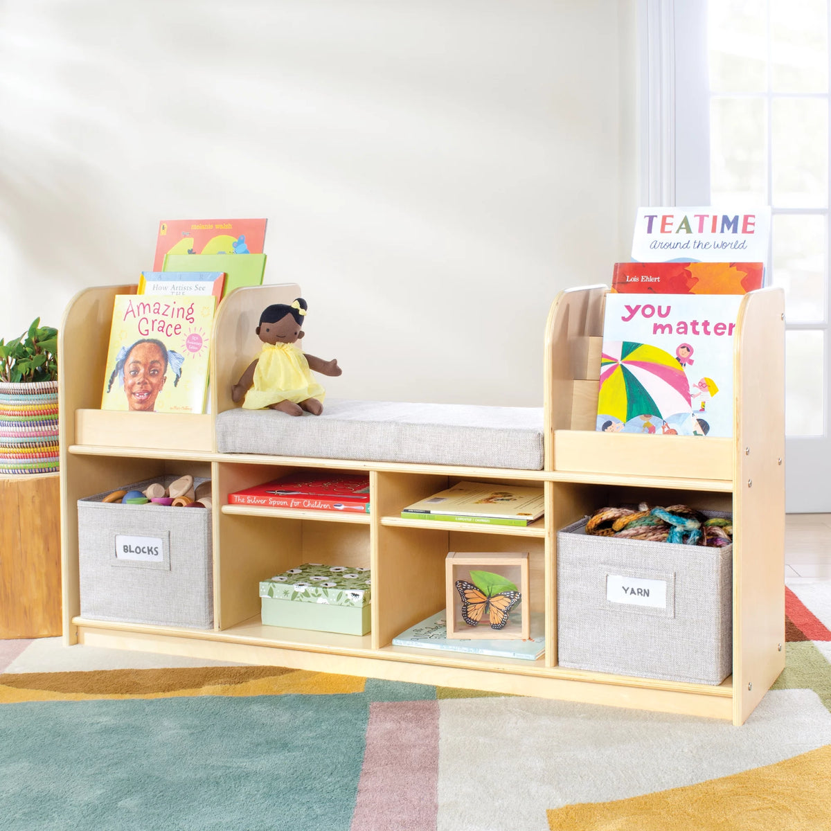 Natural Kid's Book and Toy Storage Reading Bench with Fabric Bins A691