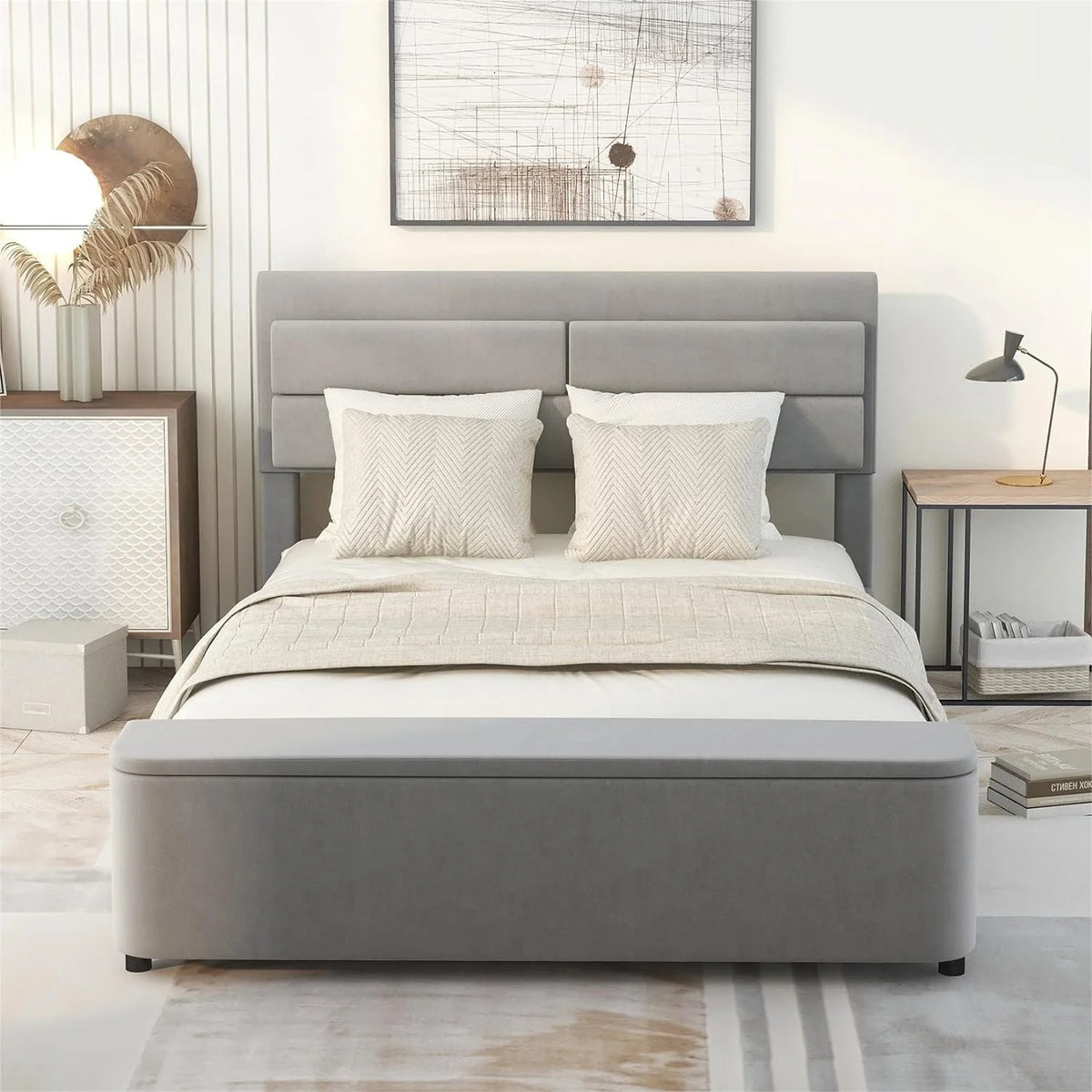 Full Size Gray Velvet Upholstered Platform Bed with Storage W3956