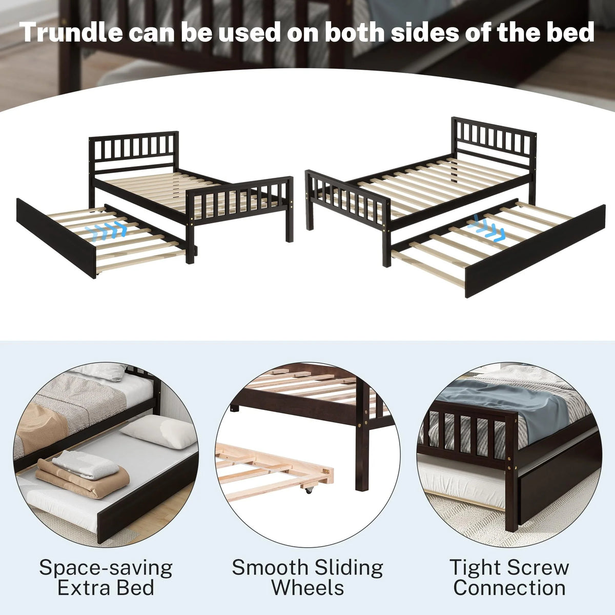 Twin Size Wood Platform Bed with Trundle and Headboard T665
