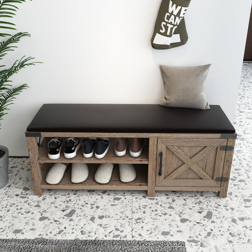 Light Brown 2-Tier Shoe Storage Bench with Cushion Seat C774864