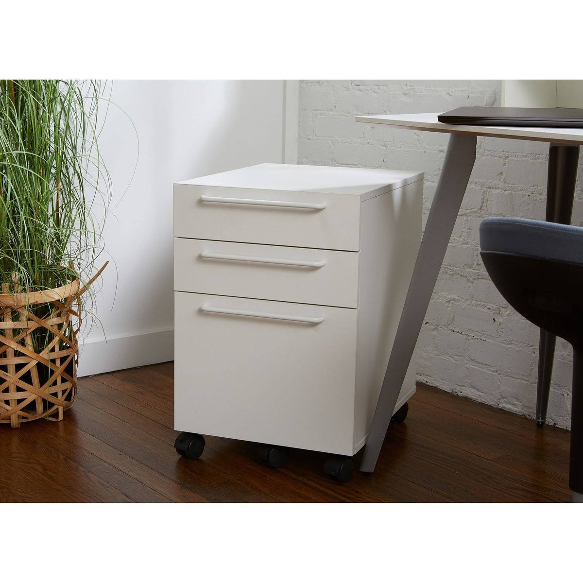 White Engineered Wood Mobile Pedestal with Castors F132