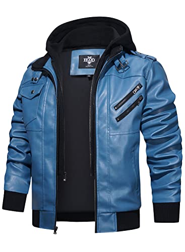 Stand Collar Faux Leather Zip-Up Bomber Jacket with Removable Hood Q502502