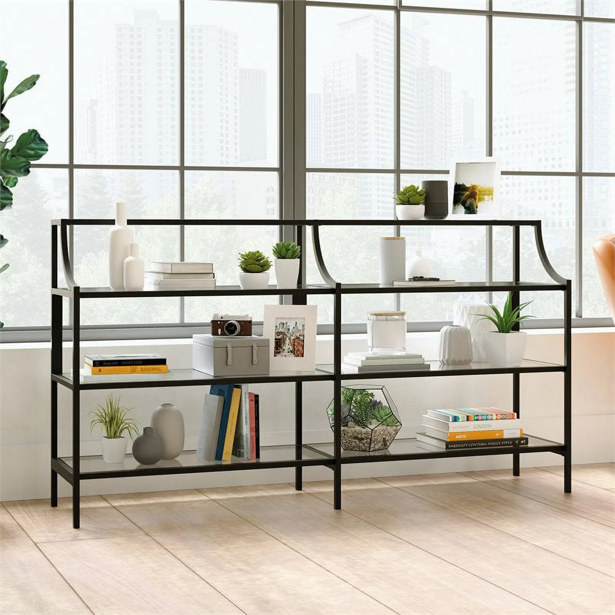 Black 3 Shelf Metal Framed Glass Console Table W456