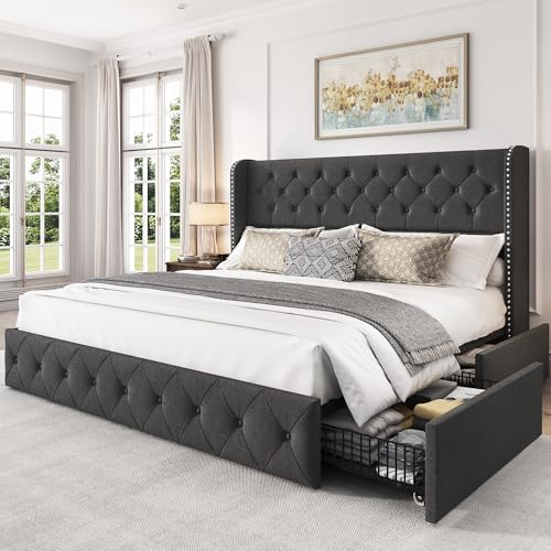 King Size Linen Upholstered Bed Frame with 4 Storage Drawers G846