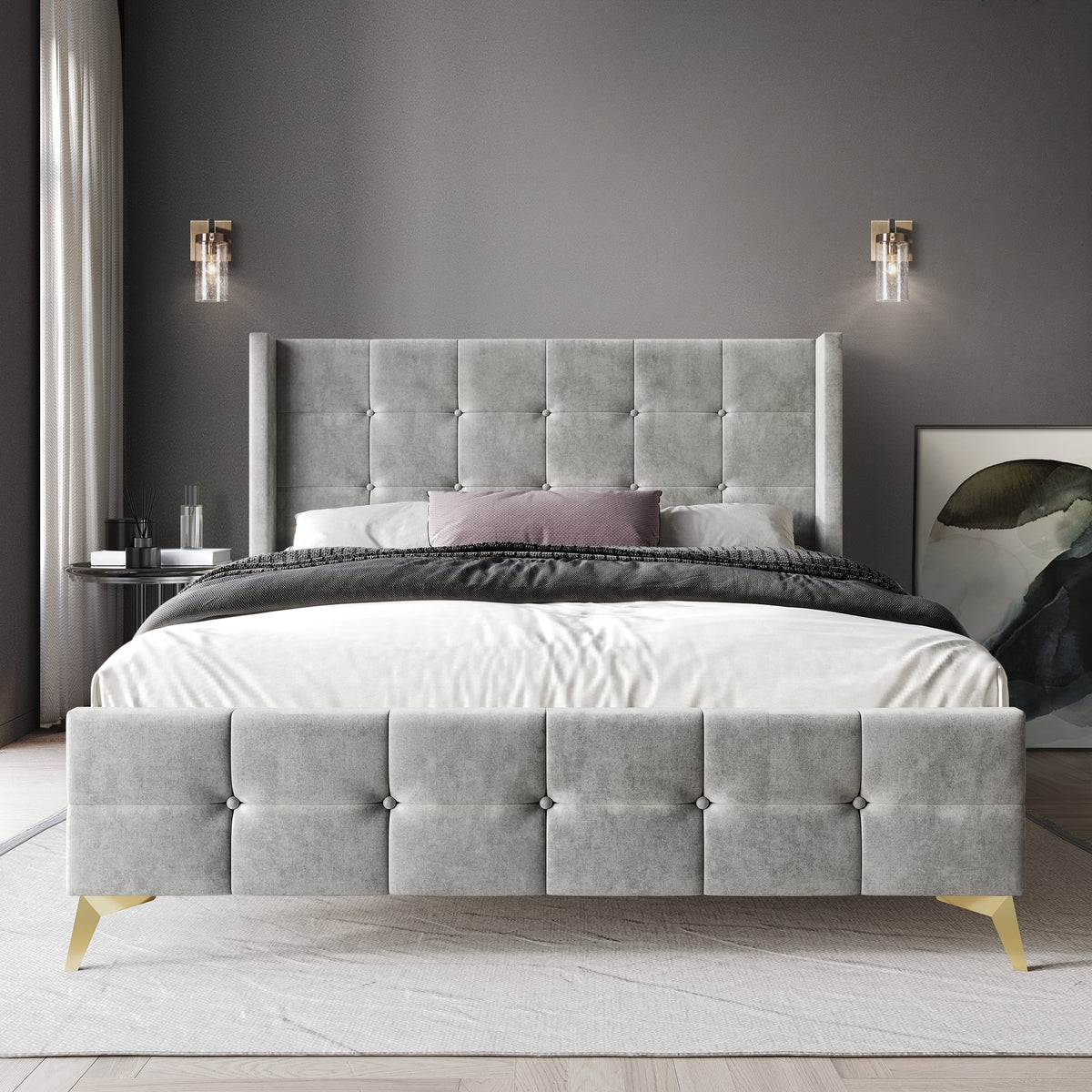 Twin Size Velvet Upholstered Bed U9027