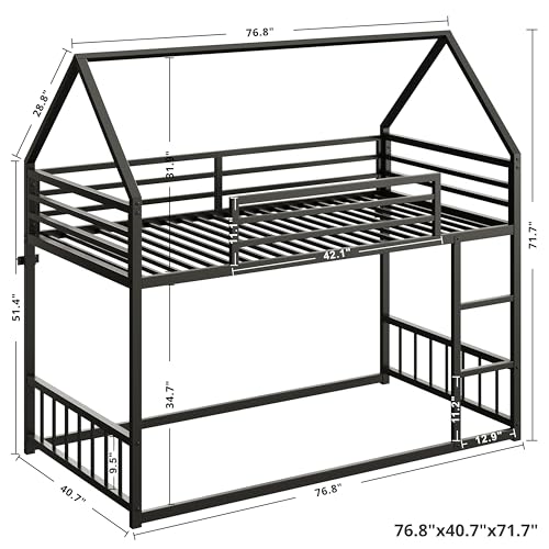 Twin Over Twin Bunk Bed with Ladder and Guardrail Black X638283