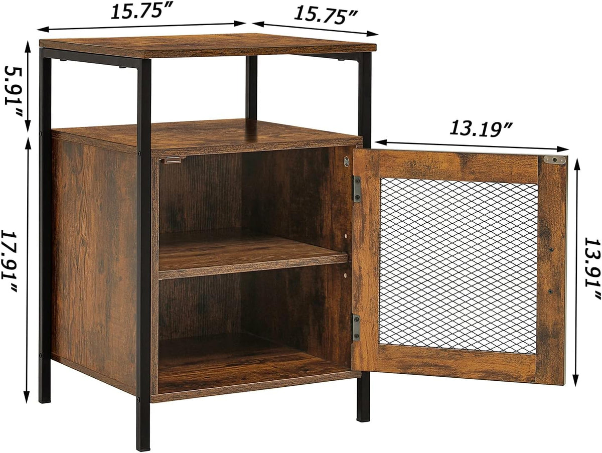 Rustic Brown Night Stand with Open Shelf and Mesh Door W248280