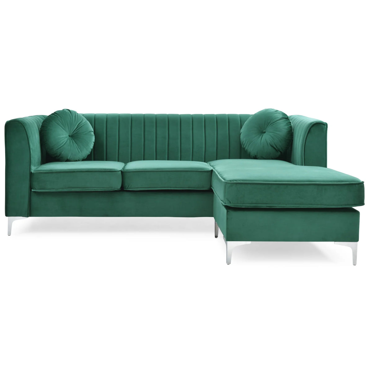 Green Velvet L-Shape 3-Seater Sectional Sofa with 2-Throw Pillow N905144