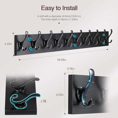 Rustic Wall Mount Coat Rack with 10 Hooks M73127