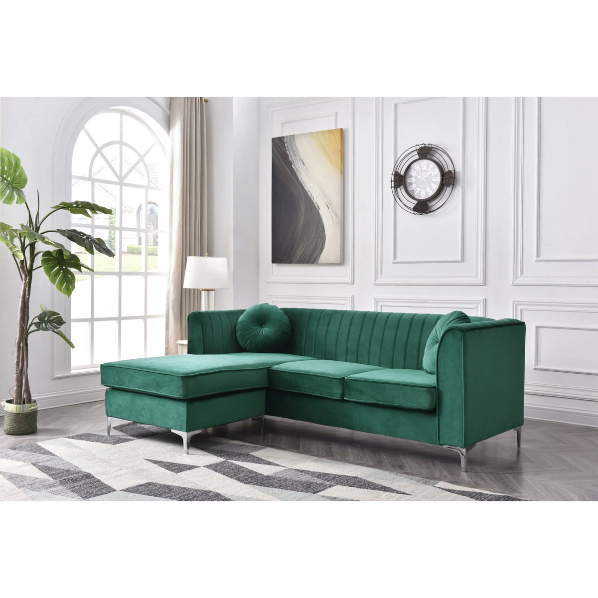 Green Velvet L-Shape 3-Seater Sectional Sofa with 2-Throw Pillow N905144