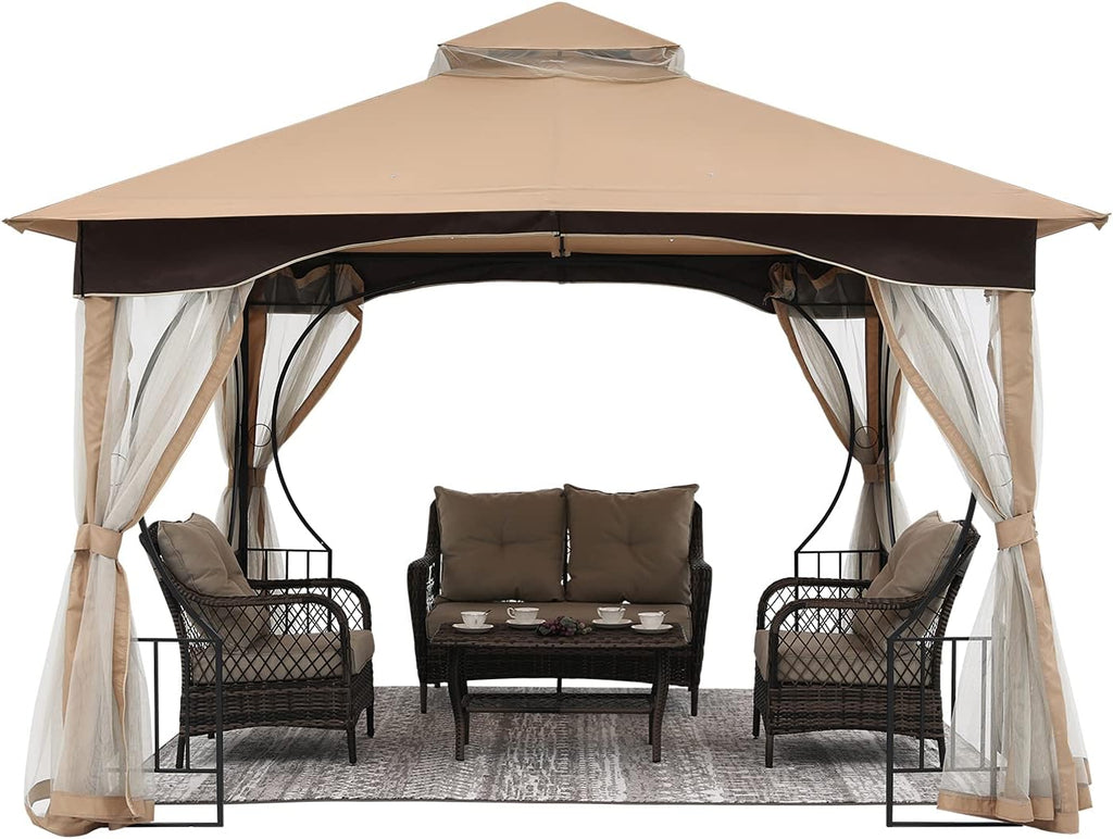 11x13 Patio Gazebo with Netting Screen Walls Beige E89969