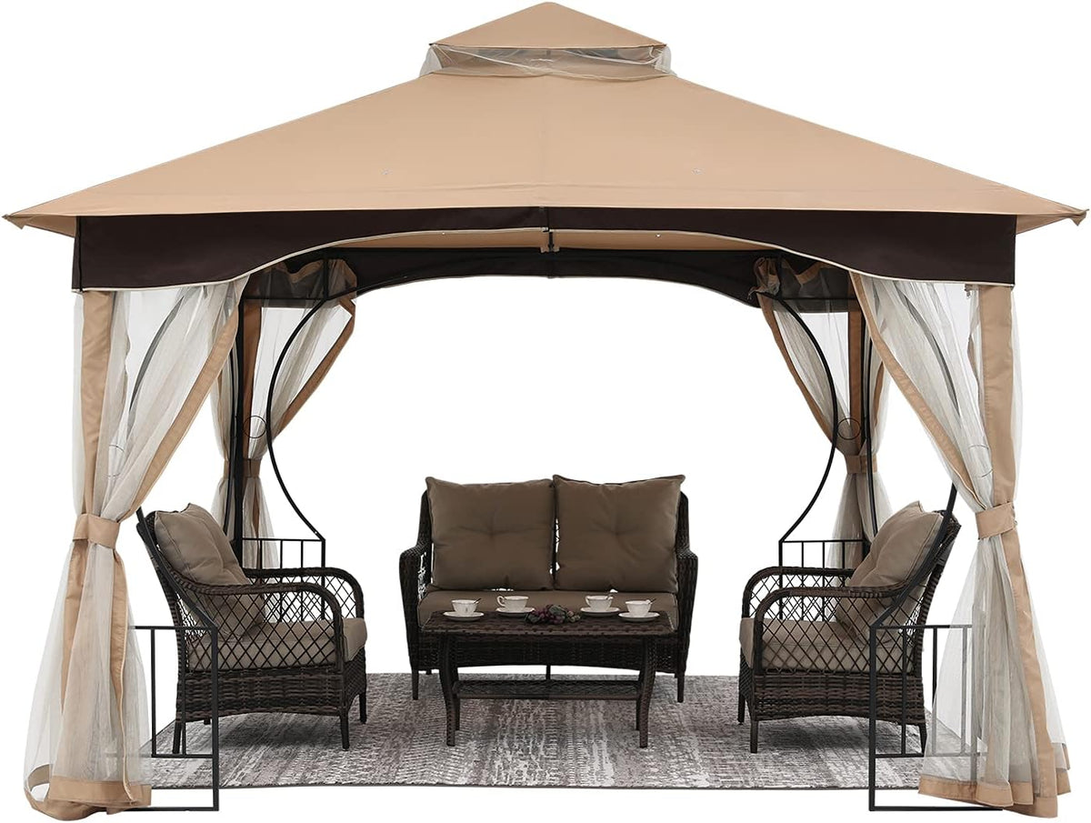 11x13 Patio Gazebo with Netting Screen Walls Beige E89969