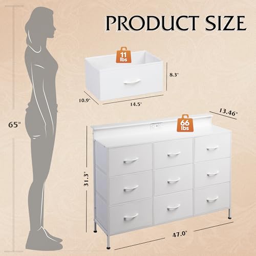 Black 9 Drawer Fabric Dresser with LED Lights and Charging Station E4963