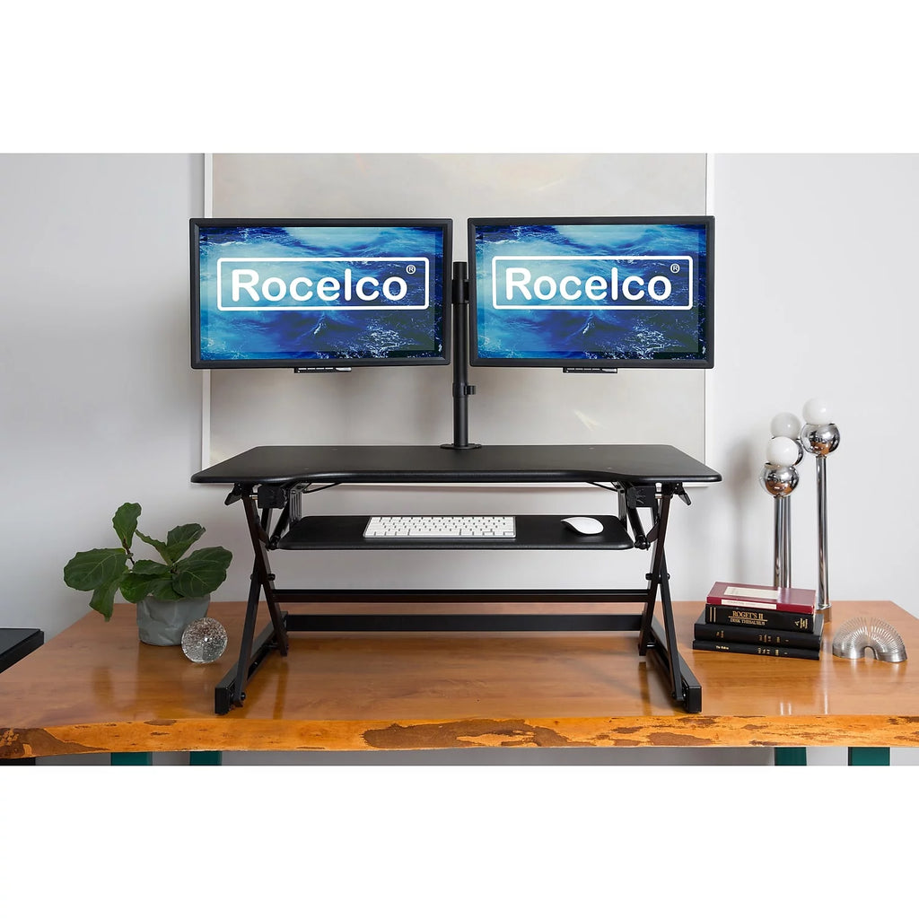 40" Adjustable Standing Desk Converter Dual Monitor Mount Teak Wood J975136