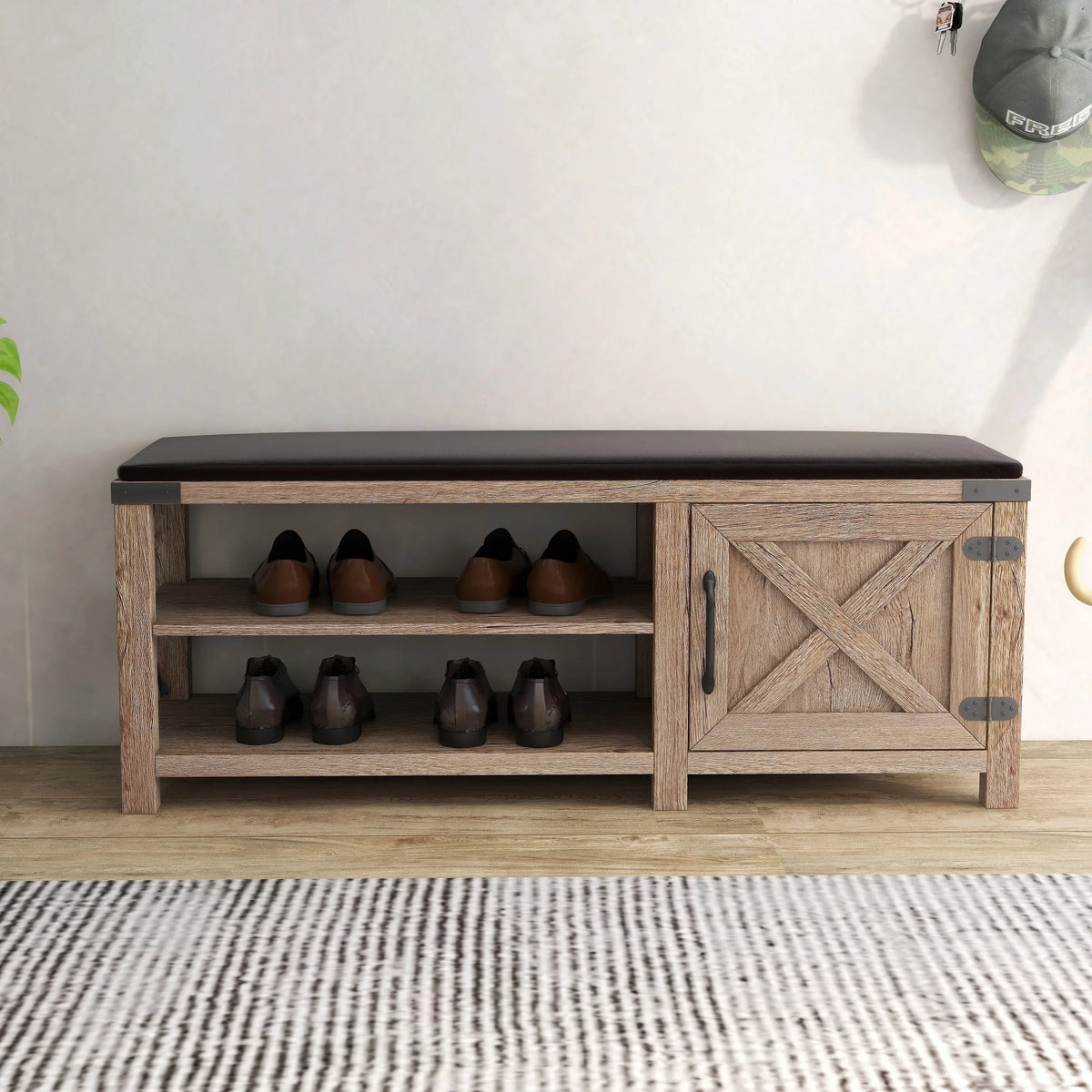 Light Brown 2-Tier Shoe Storage Bench with Cushion Seat C774864