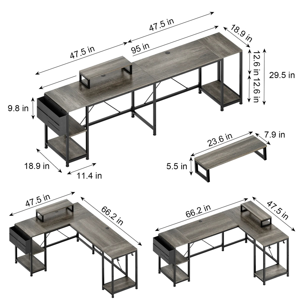 95" Grey Reversible L-Shaped Wood & Metal Computer Desk J1919