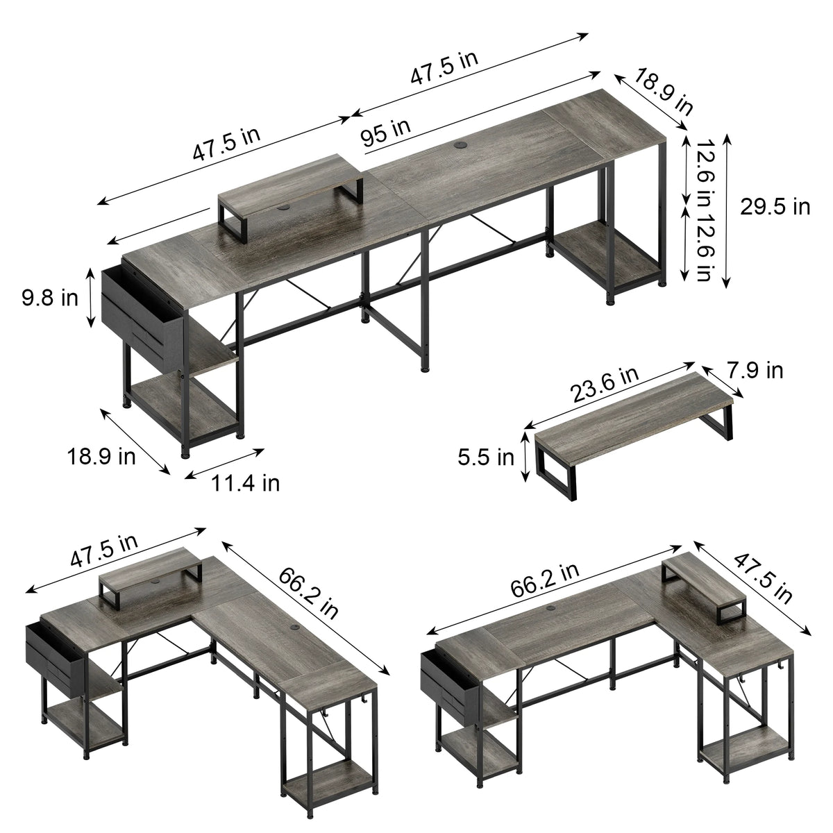 95" Grey Reversible L-Shaped Wood & Metal Computer Desk J1919