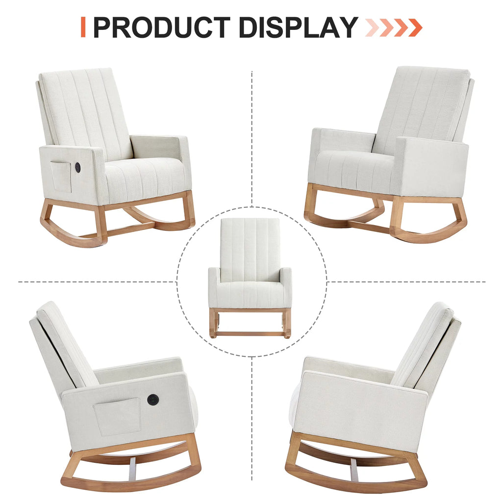 Mid-Century Rocking Nursery Chair with USB Ports and Storage Pockets H962