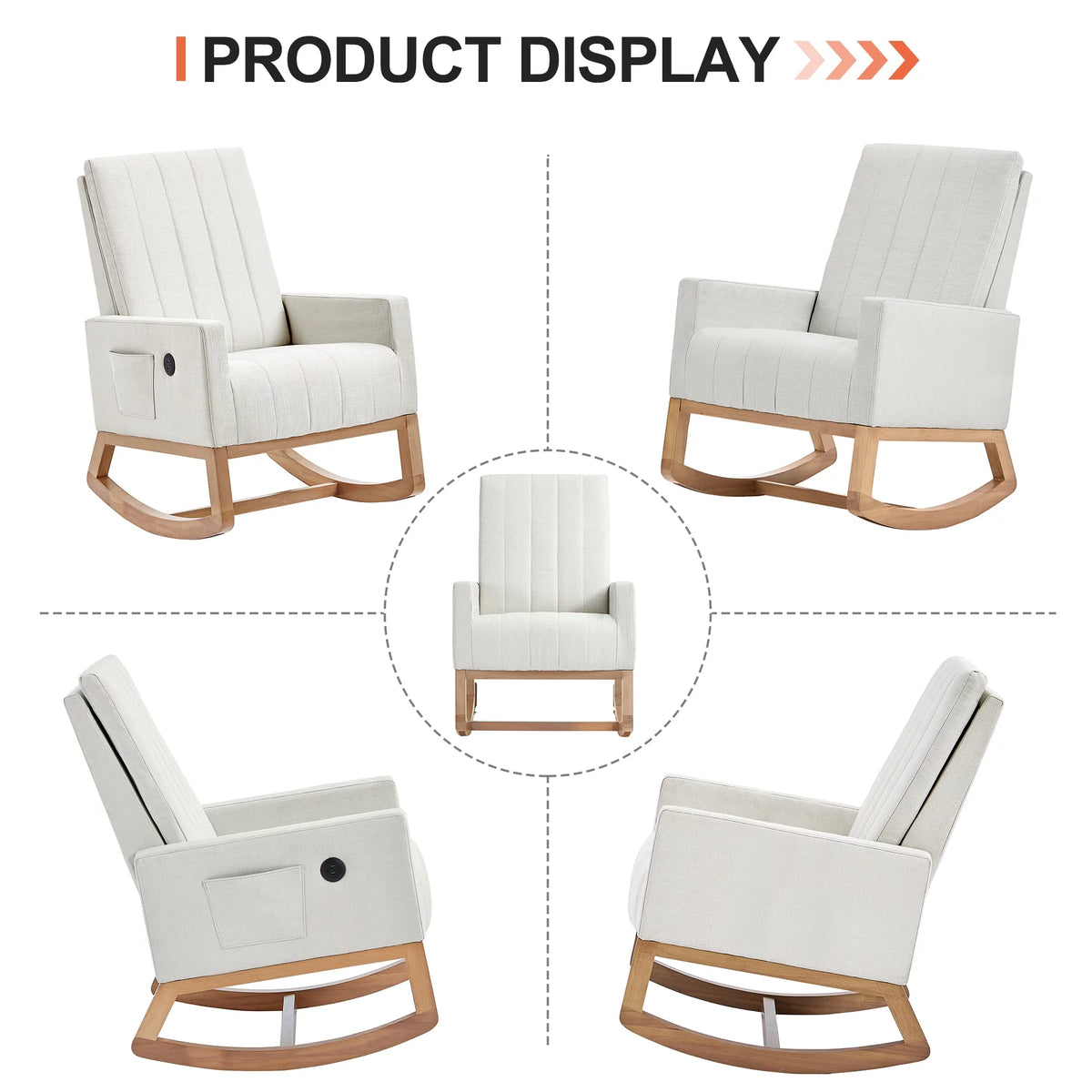 Mid-Century Rocking Nursery Chair with USB Ports and Storage Pockets H962