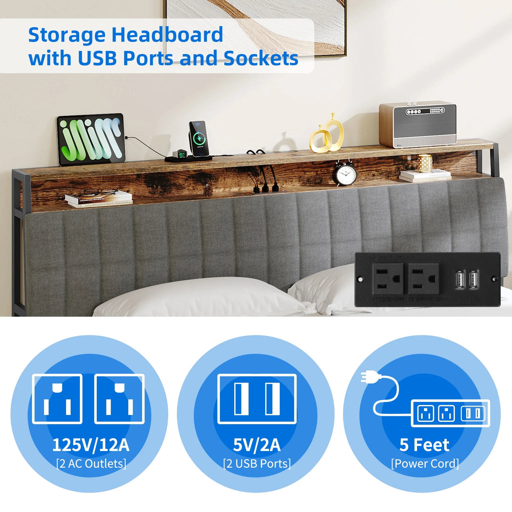 Full Size Upholstered Platform Bed Frame with Charging Station E96709