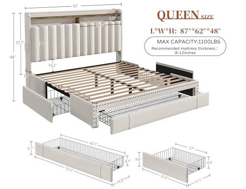 Queen Size Upholstered Bed Frame with 3 Storage Drawers D6682