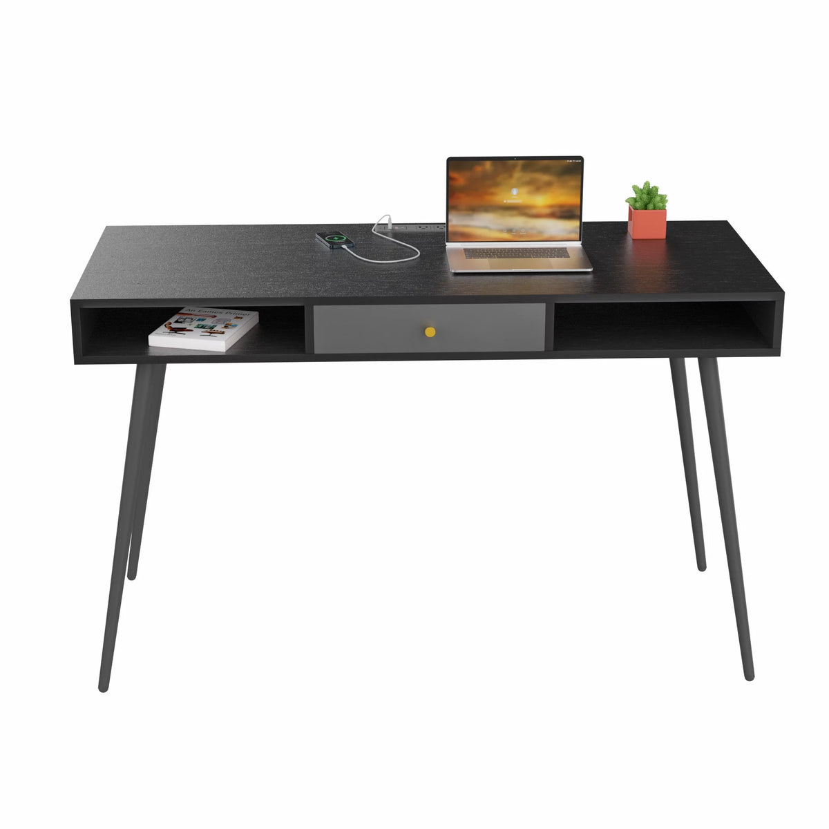 Black Writing Desk with Power Outlet and Drawer T559635