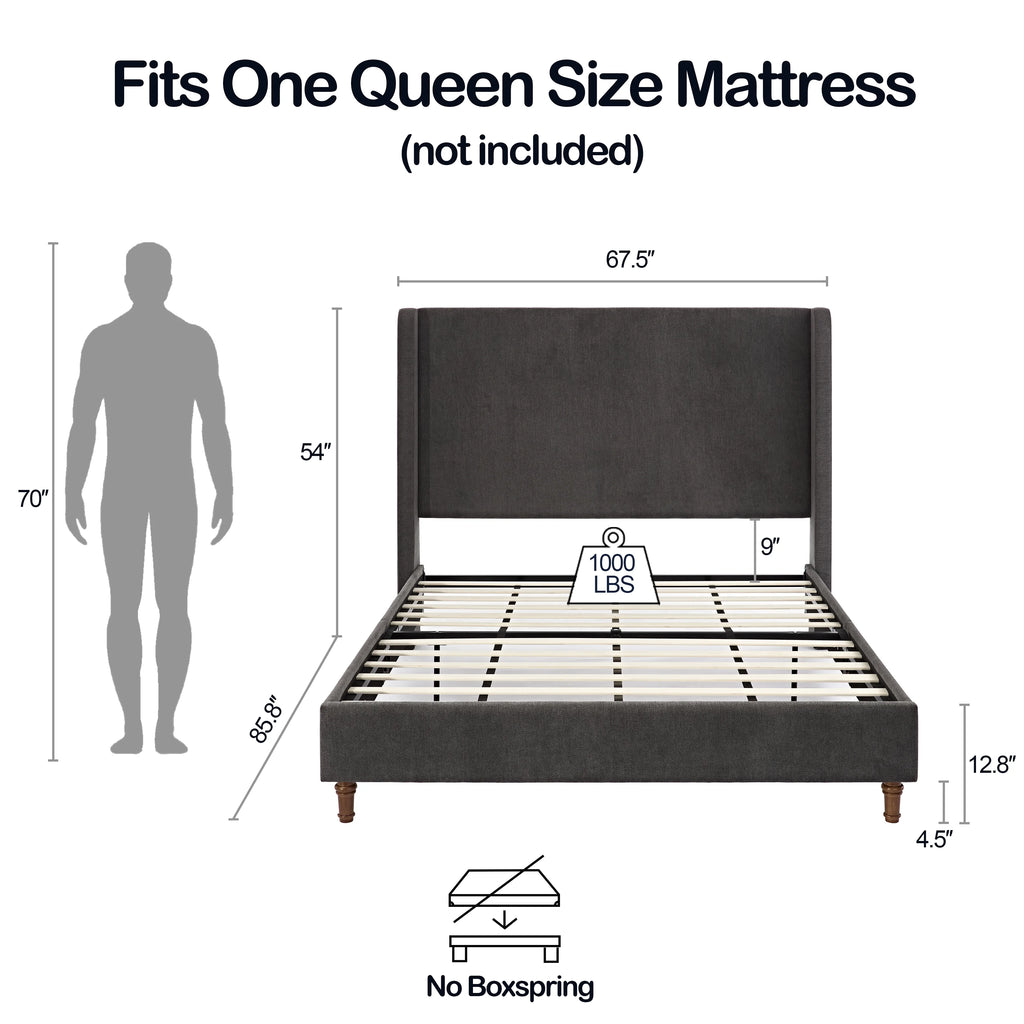 Queen Size Upholstered Platform Bed Frame with Wingback Headboard Z7406
