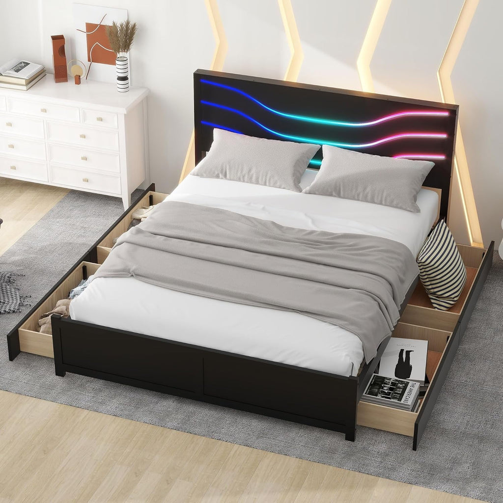 Queen Size Wood Platform Bed Frame with Headboard and 4 Storage Drawers T621